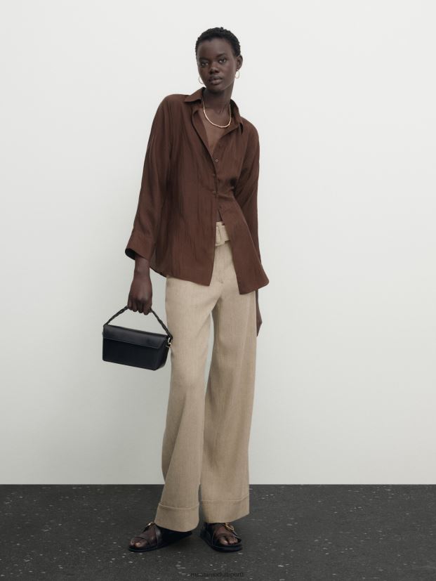 mujer pantalones rectos con cinturon y dobladillo vuelto 60X240310 arena Massimo Dutti 60X240310 Nuevos disenos Massimo Dutti Peru Nueva coleccion de ropa en Massimo Dutti